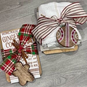 Festive Holiday Cutting Board Gift Set with‎ Dish Towels, Ornament and Ribbon